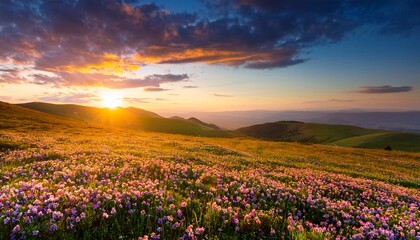 Obraz premium Sunset Over Vast Blossoming Meadow Landscape