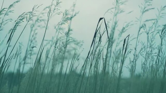 Tall grass silhouettes creating a peaceful border against a soft, misty background, evoking feelings of calm, nature, and tranquility in a minimalist natural landscape