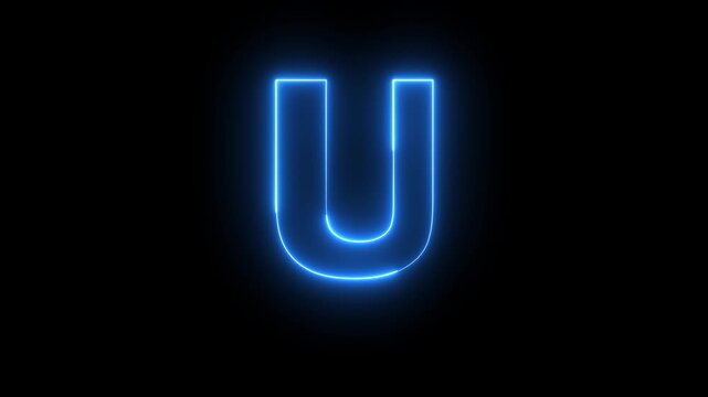 Neon blue Capital Letter U icon animation English alphabet education type word writing letter text effect smooth footage sign symbol with black background