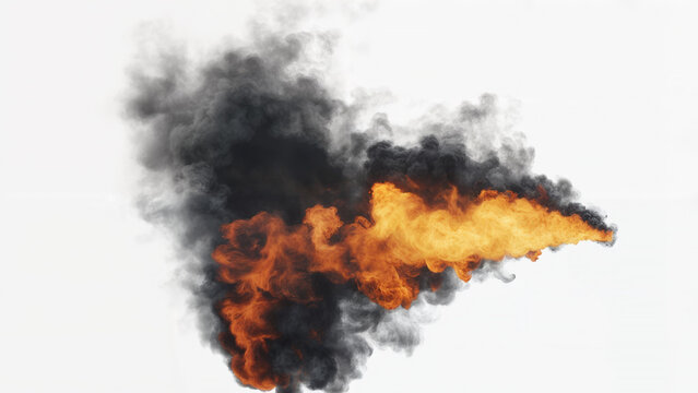 Isolated large fire thrower with bright orange flames and black smoke on a white background