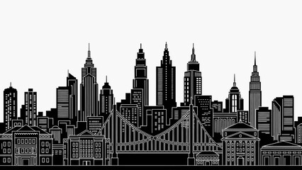 Naklejka premium Monochromatic Cityscape Silhouette with Bridge and Skyscrapers