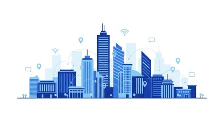 Obraz premium Smart city skyline with wireless network and location pins