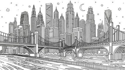 Monochromatic Cityscape with Bridges and Skyscrapers at Night
