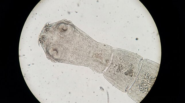 Microscopic View of Tapeworm Scolex with Hooks and Suckers