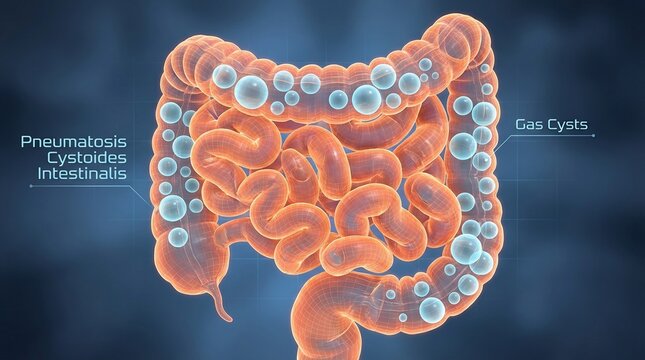 Medical illustration of Pneumatosis Cystoides Intestinalis showing gas cysts