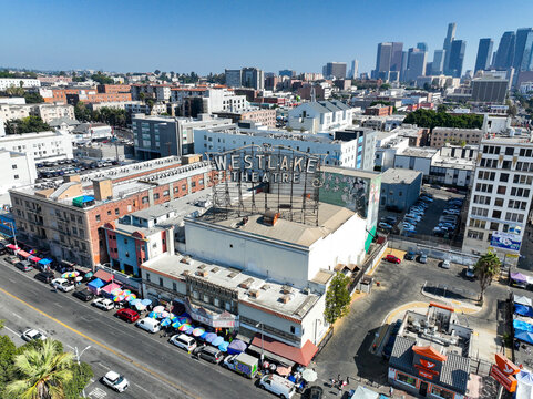 Los Angeles, United States - 13 October 2024: Aerial view of Westlake Theatre, its vintage sign gleaming against the backdrop of the downtown skyline.
