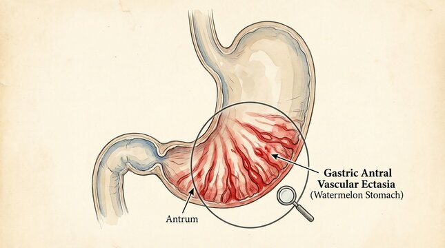 Medical illustration of gastric antral vascular ectasia watermelon stomach
