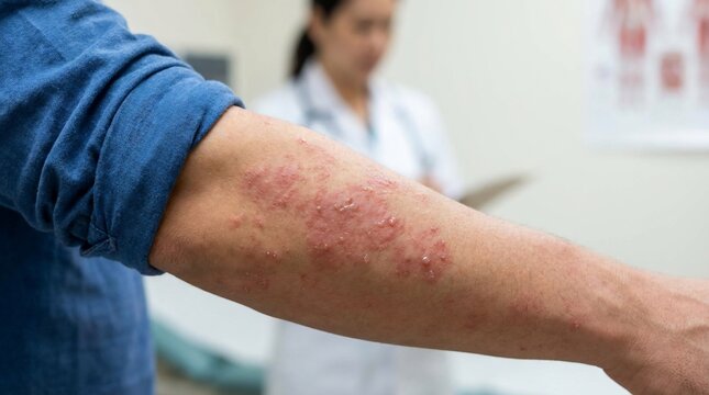 Close up of painful skin rash on male patient arm