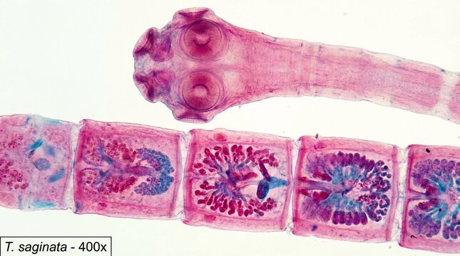 Microscopic view of Taenia saginata scolex and proglottids at 400x