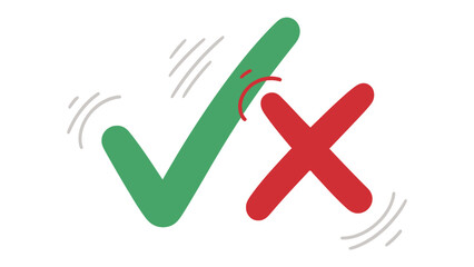 Checkmark and X:  Illustration of a green checkmark next to a red X, symbolizing choice, confirmation and rejection.