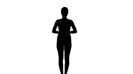 Silhouette of a woman in a yoga pose against a white background.