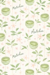 Watercolor matcha tea seamless pattern