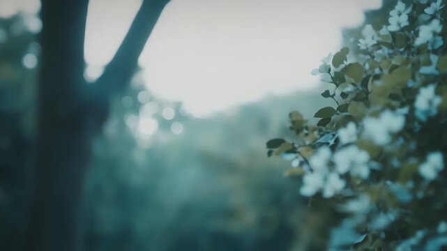 Small delicate white flowers are blooming in a field or garden, creating a peaceful and serene natural scene with soft sunlight filtering through blurred foliage and subtle bokeh lights