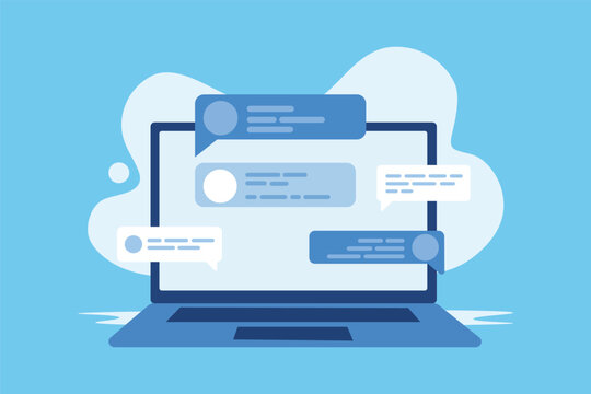 Online Chat Communication Concept with Laptop and Message Bubbles Flat Vector Illustration