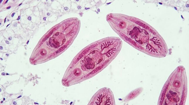 Microscopic View of Liver Fluke Parasites Under Staining