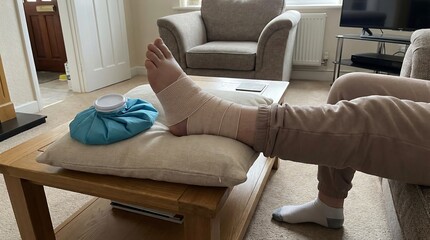 Obraz premium Ankle injury recovery with bandage and ice pack at home