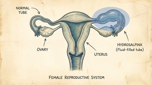 Anatomical Diagram Comparing Normal Fallopian Tube and Hydrosalpinx Condition