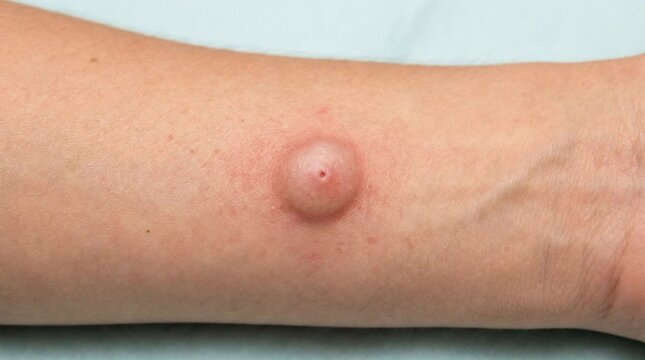 Inflamed skin lesion with central pore on a human forearm
