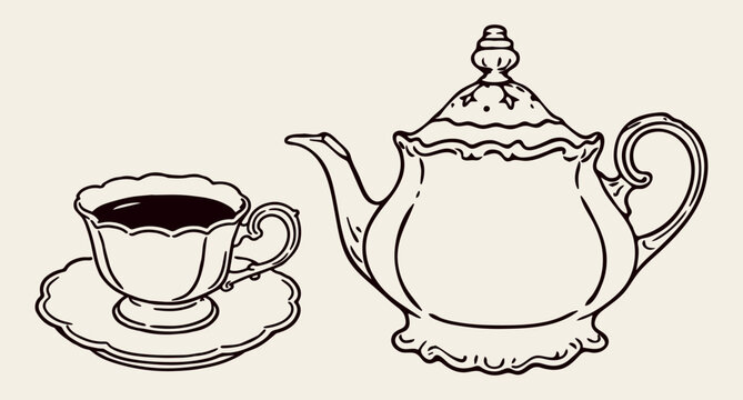vintage teapot and teacup hand drawn line art illustration in classic retro style