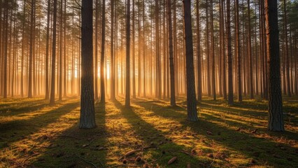 Fototapeta premium Sunlight streams through a dense forest of tall pine trees at sunrise.
