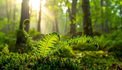 Sunlight filters through a lush green forest, illuminating a delicate fern.