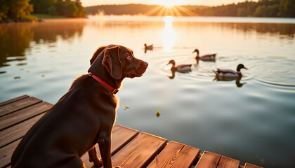 Black dog watching ducks swim on a lake from wooden pier, during sunset  