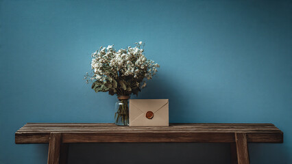 Bouquet and envelope with wax seal on bench against blue wall