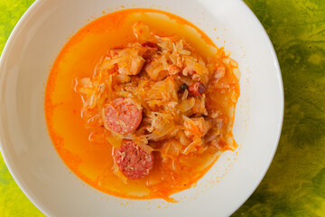 Slovak holiday soup svatecni kapustnica on plate top view