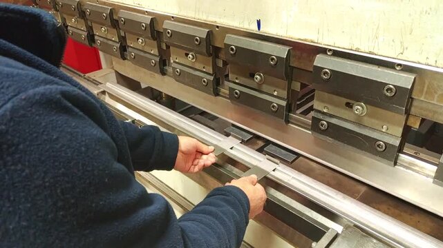 Sheet metal bending process on a hydraulic press brake machine in factory