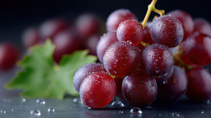 Obraz premium Fresh grape fruit water drop closeup juicy red healthy leaf natural macro. Fresh grape with water drop surface juicy and healthy fruit with green