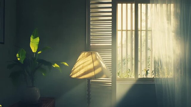 Warm morning sunlight filters through shutters, casting golden rays over a cozy interior with a floor lamp, potted plant and wooden dresser for a peaceful home scene
