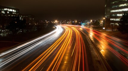 Naklejka premium Nighttime urban traffic light trails on wet road with cityscape.