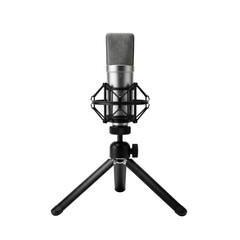 Silver Condenser Microphone with Black Shock Mount and Table Tripod isolated PNG with Transparent Background