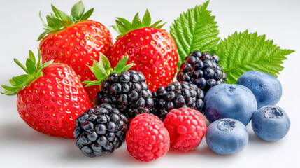 Obraz premium Fresh and vibrant assortment of mixed berries showcasing strawberries, blackberries, blueberries, and raspberries arranged beautifully on a light background