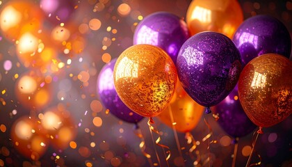 Purple and Orange Glitter Balloons with Bokeh for Celebration, Festive Decor, and Party Visual Concepts