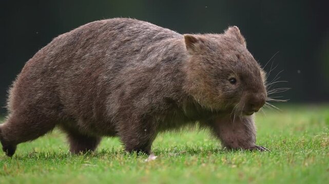 Wombat feeding in Australia. Wombats are stout, burrowing marsupials in Australia related to Koalas and Kangaroos. Slow motion 25 percent natural speed.