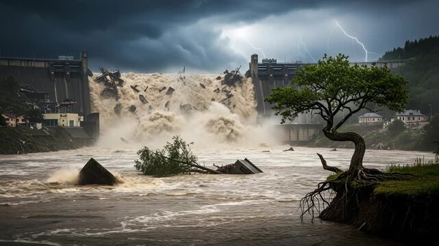 Dramatic scene Dam failure unleashing floodwaters, lightning strikes, and destroyed structures