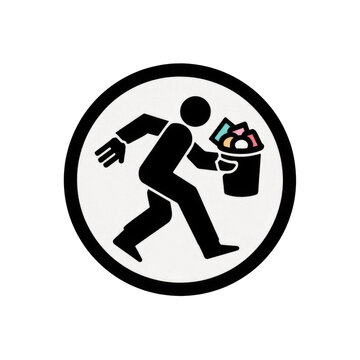 Stylized icon of a person carrying a bin filled with assorted items, running.  Circular white frame, black figure