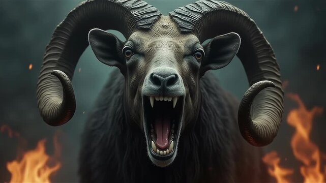 The beast from the earth, with two horns like a lamb, speaking like a dragon, performing great signs, menacing and dark imagery. Bible revelation Torah New testament Satan Lucifer symbolism. 