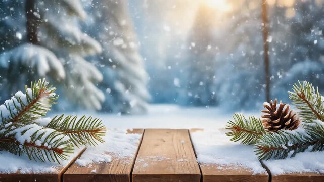 Cozy wooden table dusted with snow, adorned with pine branches and cones, perfect for a wintery display or product showcase