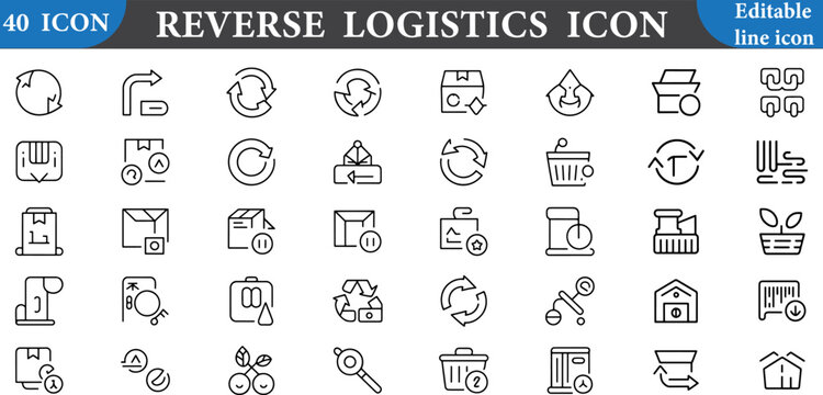 Reverse logistics icon set including various symbols and signs for design and illustration
