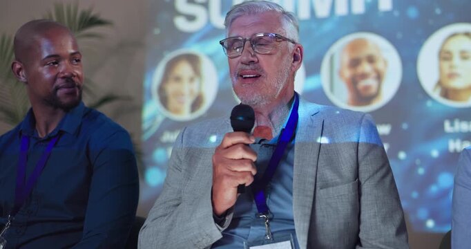 Senior, man and speaker for conference event of discussion, coaching audience and public speaking. Presenter, mic or speech for pitch on stage, global learning and convention lecture of planet advice