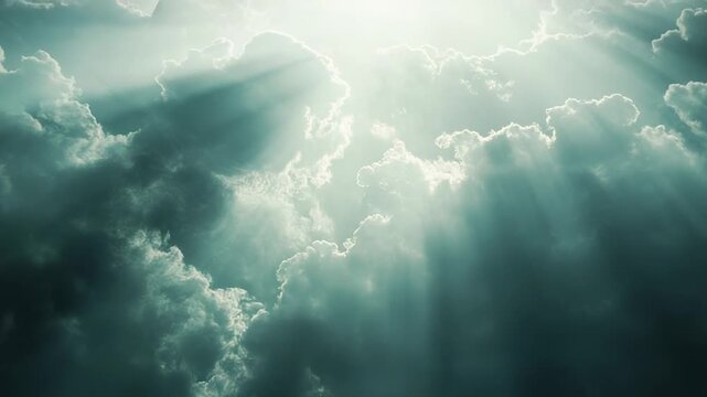 Sunbeams penetrating through a dramatic, stormy sky, casting rays of light downwards, symbolizing hope, spirituality, and divine intervention amidst challenging times and uncertainty