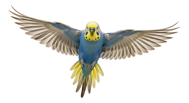 Budgerigar (budgie) in flight with wings fully extended, showing vibrant blue and yellow plumage, looking directly at the camera, isolated. with transparent background
