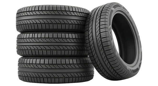 Stack of four car tires and one leaning, showcasing tread and sidewall detail, isolated on white. with transparent background