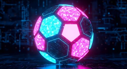 Fototapeta premium Digital soccer ball glowing with neon pink and blue lights on a futuristic circuit board background
