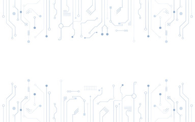 A minimalist vector graphic illustration of a circuit board design with a white background and subtle gray lines and dots