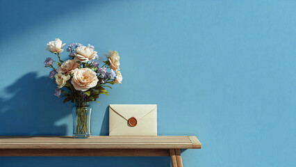 Bouquet and envelope with wax seal on bench against blue wall