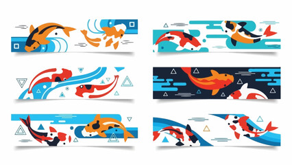 Fototapeta premium Set of 6 Japanese Koi Fish Banners with Abstract Blue and Orange Backgrounds