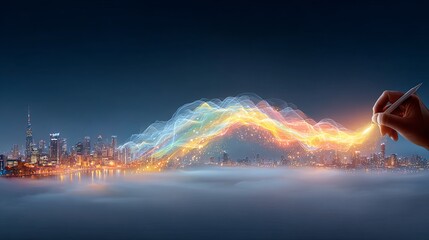 Fototapeta premium A hand drawing a timeline that extends into a glowing, misty future area, with icons representing predicted technological advancements and societal changes